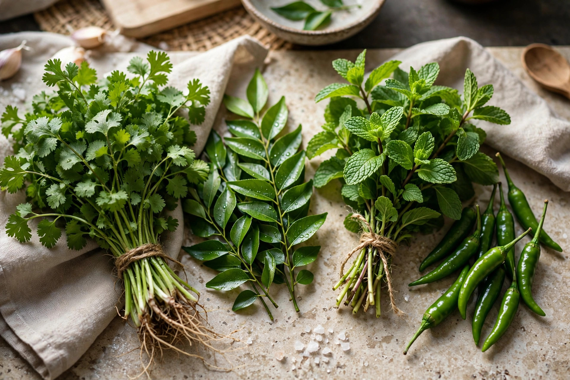 Bunches of fresh coriander, curry leaves, mint and green chillies arranged on a kitchen counter